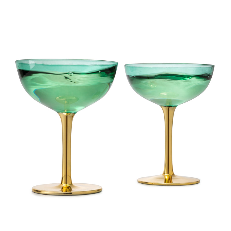 Colored Coupe Art Deco Glasses, Gold | Set of 2 | 12 oz Classic Cocktail Glassware for Champagne, Martini, Manhattan, Sidecar, Crystal Speakeasy Style Goblets Stems, Vintage Blue, Teal, Green