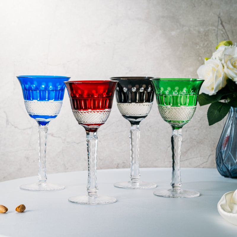 The Wine Savant Crystal Italian Multicolor Design Glasses -Set of 4 Tall Wine Glasses 6.7oz 7.7" H Venetian Italian Style Red, Blue, Green, Brown Glasses, Great for Dinner Parties, Bars & Weddings