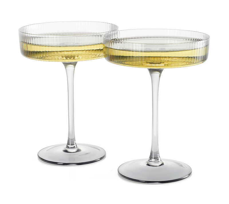 Ribbed Coupe Cocktail Glasses 8 oz | Set of 2 | Classic Manhattan Glasses For Cocktails, Champagne Coupe, Ripple Coupe Glasses, Art Deco Gatsby Vintage, Crystal with Stems (Smoke Grey)