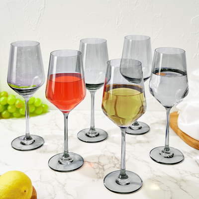 Colored Wine Glass Set, 12oz Glasses Set of 6 Baby Shower Gender Reveal Boy or Girl Decor Baby Announcement Unique Italian Style Tall Stemmed for White & Red Wine Elegant Glassware (Smoke Grey)