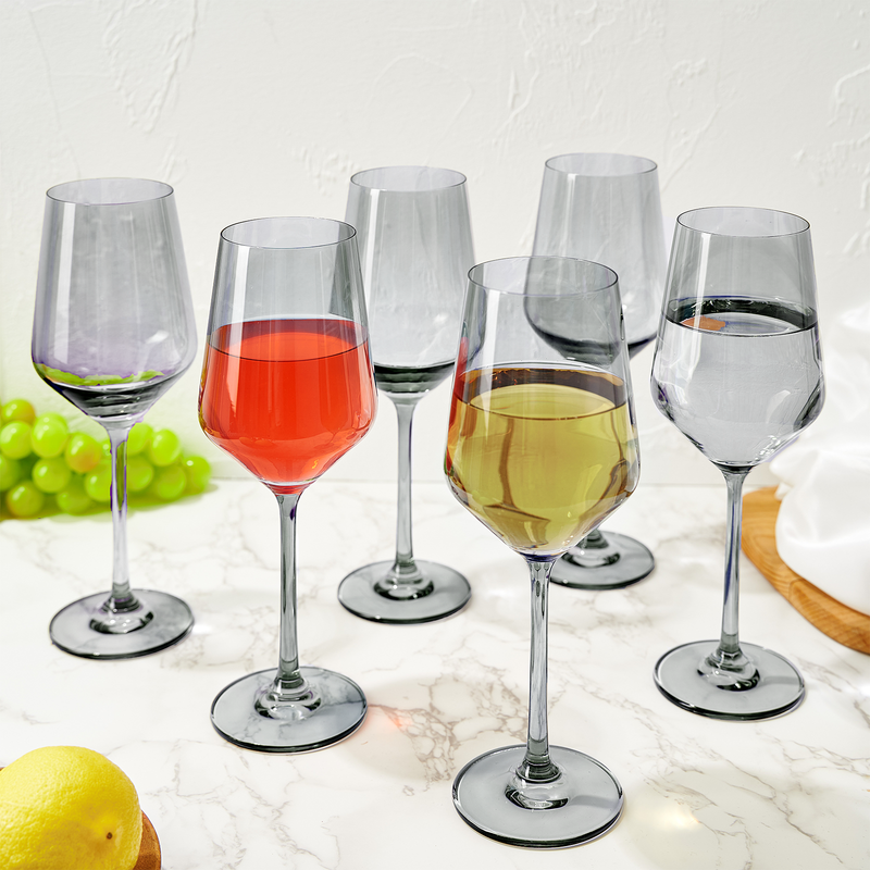 Colored Wine Glass Set, 12oz Glasses Set of 6 Baby Shower Gender Reveal Boy or Girl Decor Baby Announcement Unique Italian Style Tall Stemmed for White & Red Wine Elegant Glassware (Smoke Grey)
