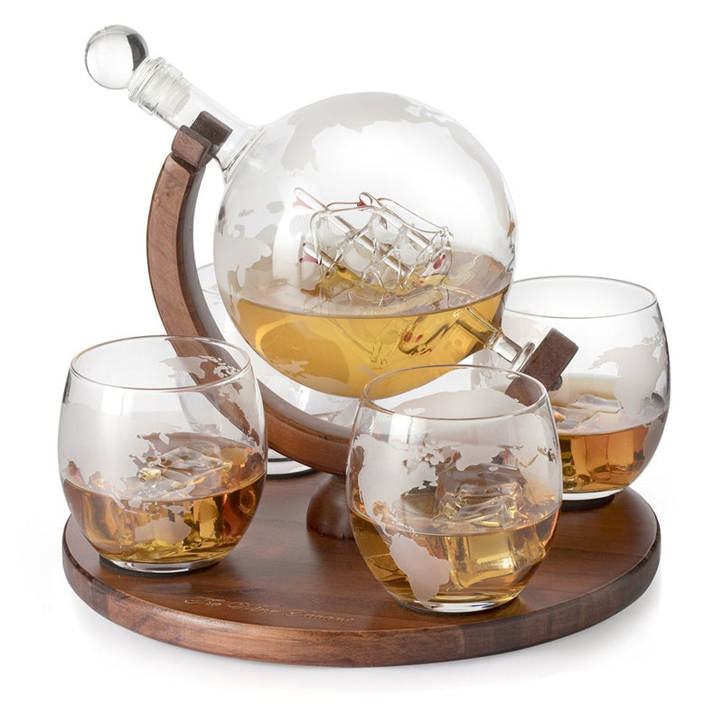 Etched World Decanter whiskey Globe - The Wine Savant Whiskey Gift Set Globe Decanter 750 ml with Antique Ship, Whiskey Stones and 4 World Map 10oz Glasses, Great Gift - Alcohol Related Gift, HOME BAR