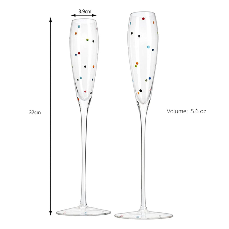 Polka Dot Champagne Flutes Glass 5.6oz Set of 2 by The Wine Savant - Toasting Glasses, Wedding Party Champagne Cocktail Polka Dot Rainbow Colored Champagne Glasses for Prosecco, Mimosa, Bar Glassware