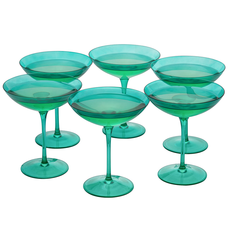 The Wine Savant Colored Vintage Glass Coupes 12oz Colorful Cocktail, Martini & Champagne Glasses, Prosecco, Mimosa Glasses Set, Cocktail Glass Set, Bar Glassware Luster Glasses, Modern (6, Teal)