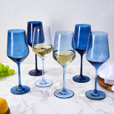 Colored Wine Glass Set, 12oz Glasses Set of 6 For All Occasions & Special Celebrations Gift For Him, Her, Wife, Friend Drinkware Unique Style Tall Stemmed for White & Red Wine Elegant Glassware (Blue)