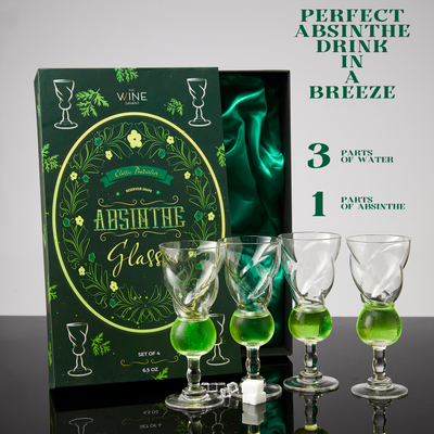 Vintage Crystal Absinthe Glasses | Set of 4 | 6.5 oz Wine Savant - Stemmed Classic With Swiss Bubble Reservoir, Tasting, Nosing & Sipping, Absinthe, Sambuca, Raki, Pastis, Ouzo, Drinking Green Fairy