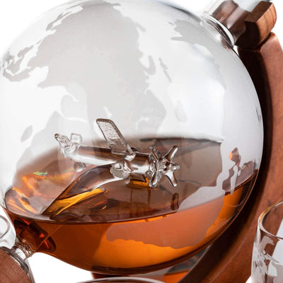 (CANADA ONLY) Etched World Decanter Whiskey Globe With Antique Airplane Inside - Includes Whiskey Stones and 4 World Map Glasses