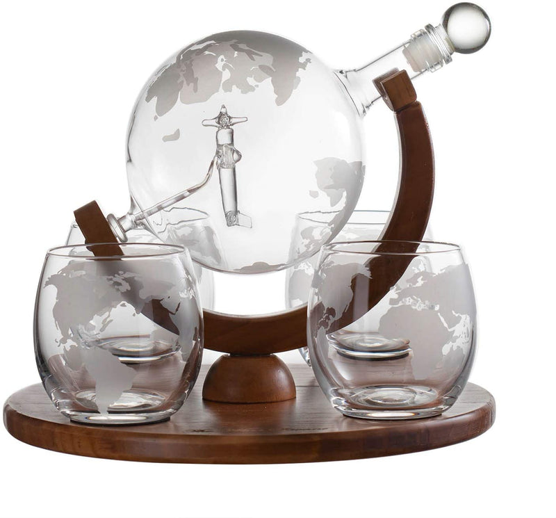 Etched World Decanter whiskey Globe - The Wine Savant Whiskey Gift Set Globe Decanter with Antique Airplane, Whiskey Stones and 4 World Map Glasses, Pilot Gift - Alcohol Related Gift, HOME BAR DECOR