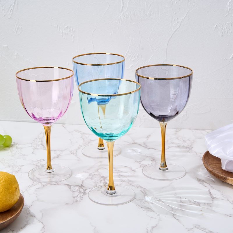 Art Deco Colored Crystal Wine Glass Set of 4, Large 18oz Stemmed Glasses Vibrant Vintage Glasses for White & Red, Water, Margarita Glasses, Gift Idea, Color Glassware - Gilded Rim and Gold Stem