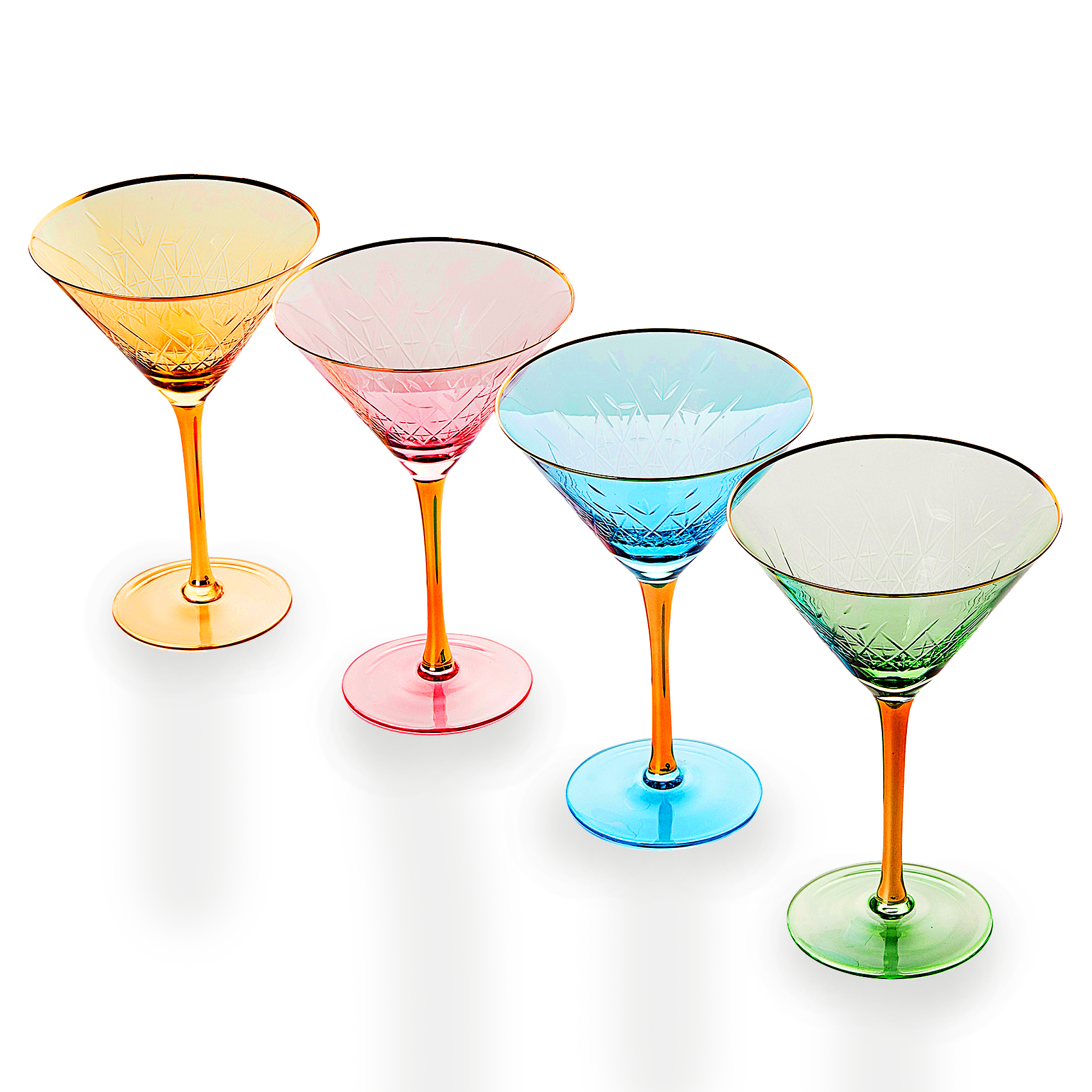 Vintage Assorted Color Ball Stem Martini Glasses Set of 5 