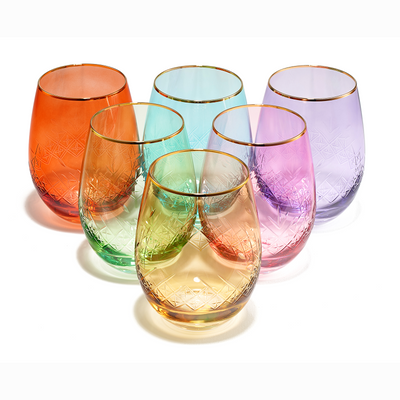 Vintage Crystal Colored Wine Gold Rim Glasses | Set of 6 | Gilded Art Deco 15 oz Vibrant Classic Cocktail Glassware - Crystal Carved Glass for Red & White Wines, Cocktails, Martini, Sidecar, Champagne