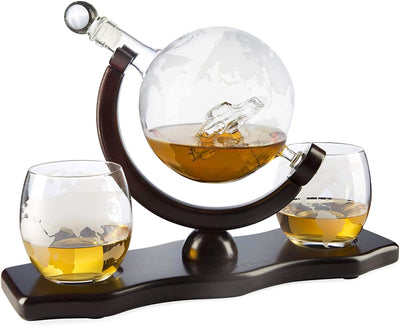 The Wine Savant Globe Car Whiskey Decanter - With 2 Globe Glasses, Includes Whiskey Stones For Whiskey, Scotch, Bourbon or Wine Matching Globe Glasses, HOME BAR DECOR Clear