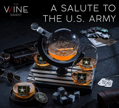 Army Globe Whiskey Decanter Set & 4 Liquor Glasses - Whisky Decanter & Glass Set with Wood Base and 9 Whiskey Stone - Father's Day US Army Licensed Gifts for Men - Bourbon Scotch Military Veteran Gift