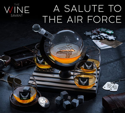 Airforce Whiskey Decanter Set with 4 Liquor Glasses Air Force Whisky Decanter & Glass Set with Wood Base & 9 Whiskey Stones - US Airforce Gifts for Men - Globe Bourbon & Scotch Gifts for Dad