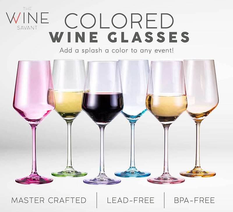 (CANADA ONLY) Colored Wine Glasses - Set of 6 Colorful Wine Glasses - 12 oz Stem Color Wine Glasses - Red, Blue, Green, Purple, Pink, Orange