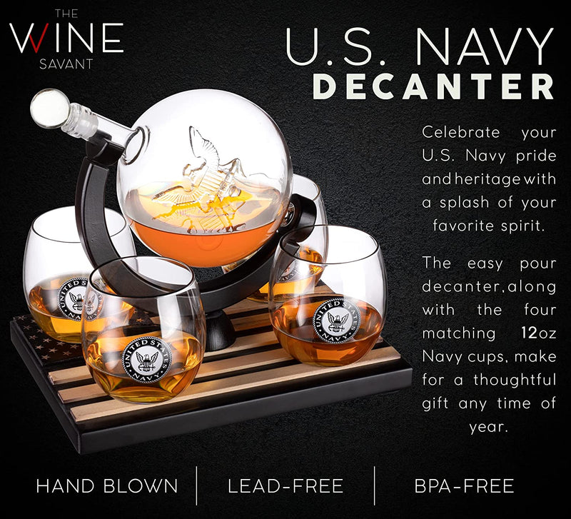 U.S. Navy Globe Whiskey Decanter Set with 4 Liquor Glasses - Navy Veteran Gift Set with Wood Base and 9 Whiskey Stones - Navy Gifts for Men, U.S.A Flag - Bourbon and Scotch Military Gifts for Dad