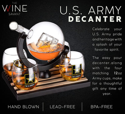 Army Globe Whiskey Decanter Set & 4 Liquor Glasses - Whisky Decanter & Glass Set with Wood Base and 9 Whiskey Stone - Father's Day US Army Licensed Gifts for Men - Bourbon Scotch Military Veteran Gift