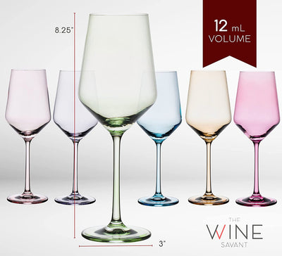Colored Crystal Wine Glass Set of 6, Large Stemmed 12 oz Glasses, Great for all Occasions & Special Celebrations Unique Italian Style Tall Drinkware for Red & White Wine, Water Dinner, Color Glassware