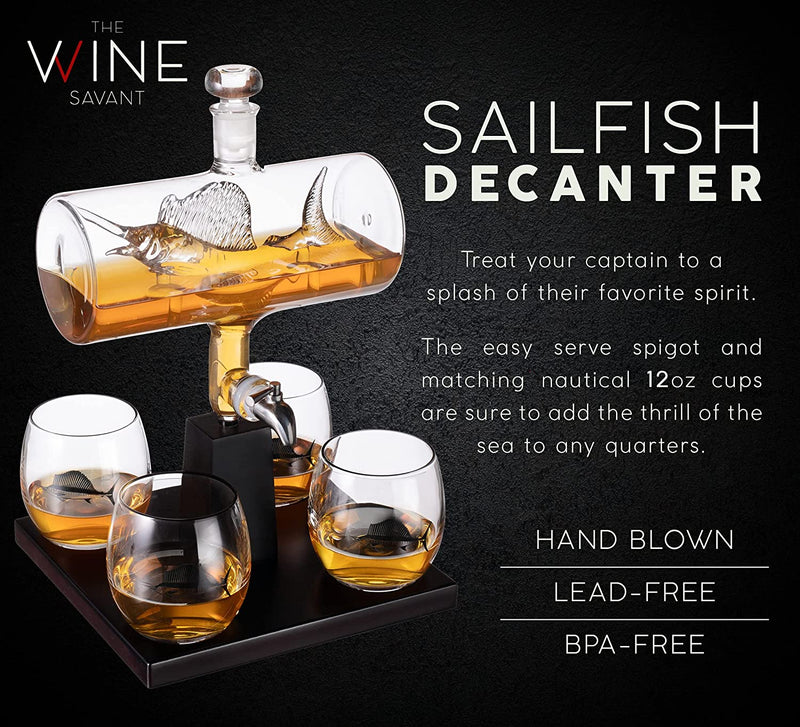 Swordfish & Sailfish Wine &Whiskey Decanter Dispenser and 4 Liquor Glasses - Fishing & Boat Decanter & Glass Set - Fishing Gifts for Men Bourbon & Scotch Decanter for Alcohol - Fisherman Gifts for Dad