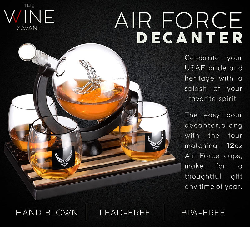 Airforce Whiskey Decanter Set with 4 Liquor Glasses Air Force Whisky Decanter & Glass Set with Wood Base & 9 Whiskey Stones - US Airforce Gifts for Men - Globe Bourbon & Scotch Gifts for Dad