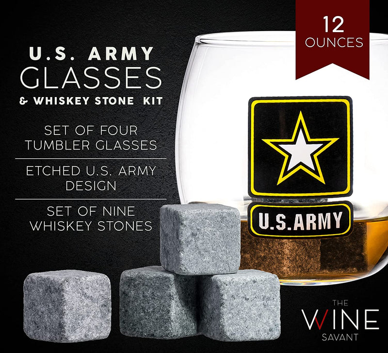 Army Globe Whiskey Decanter Set & 4 Liquor Glasses - Whisky Decanter & Glass Set with Wood Base and 9 Whiskey Stone - Father&