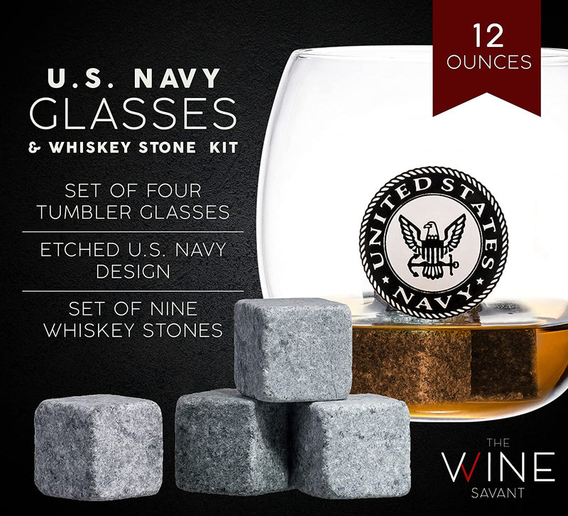 U.S. Navy Globe Whiskey Decanter Set with 4 Liquor Glasses - Navy Veteran Gift Set with Wood Base and 9 Whiskey Stones - Navy Gifts for Men, U.S.A Flag - Bourbon and Scotch Military Gifts for Dad