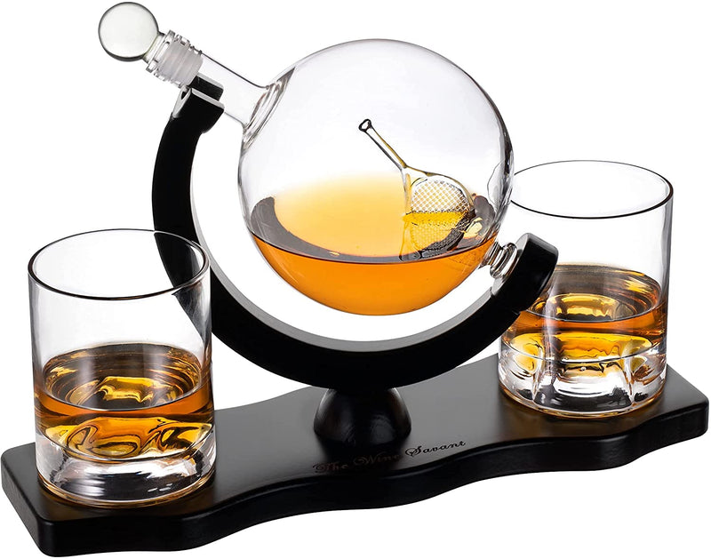 Globe Whiskey Decanter Set with 2 Liquor Glasses - Tennis Whisky Decanter & Glass Set with Elegant Mahogany Wood Base - Tennis Gifts for Dad, Men - Bourbon & Scotch Decanter - Tennis Lovers Gifts