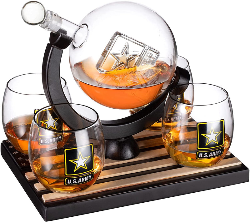 Army Globe Whiskey Decanter Set & 4 Liquor Glasses - Whisky Decanter & Glass Set with Wood Base and 9 Whiskey Stone - Father&
