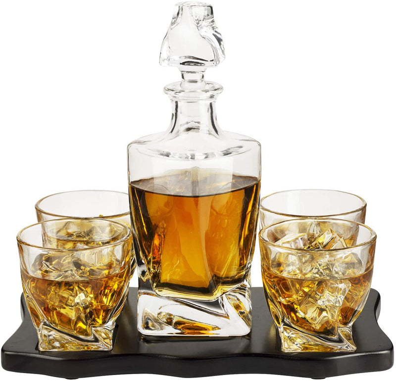 The Wine Savant Italian Crafted Crystal 5 Piece European Style Wine & Whiskey Decanter 855ml with 4 Glasses & Wood Sophisticated Tray Set Spirits, Scotch, & Bourbon Whiskey Decanter Sets for Men