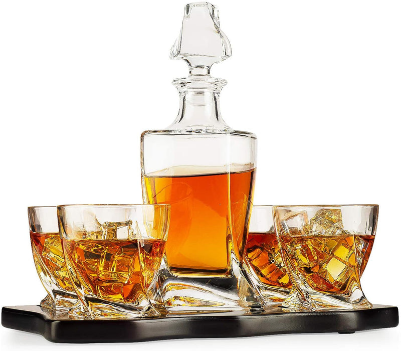 The Wine Savant Italian Crafted Crystal 5 Piece European Style Wine & Whiskey Decanter 855ml with 4 Glasses & Wood Sophisticated Tray Set Spirits, Scotch, & Bourbon Whiskey Decanter Sets for Men