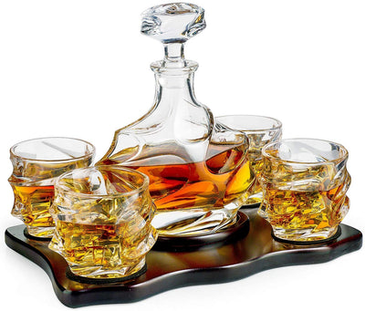 The Wine Savant Wine and Whiskey Mountain Decanter with 4 Glasses and Wood Tray 750 ML