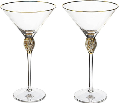 Diamond Collection 2 Piece Stemmed Martini Set - Rhinestone For Drinking Martinis, Manhattans, Vodka, Gin, Cocktails Gold Accent Cocktail Glasses, Perfect For Any Bar or Party 10oz - Swarovski Style