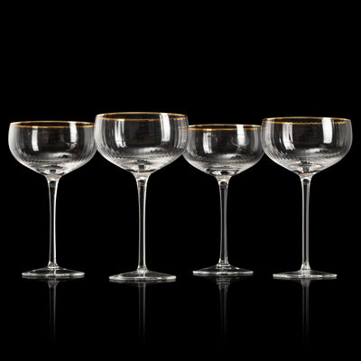 Gold Rim Glasses 7 oz, Set of 4 Gold Rim Classic Manhattan Glasses For Martini, Cocktails, Champagne, Wine - The Wine Savant (Ribbed)