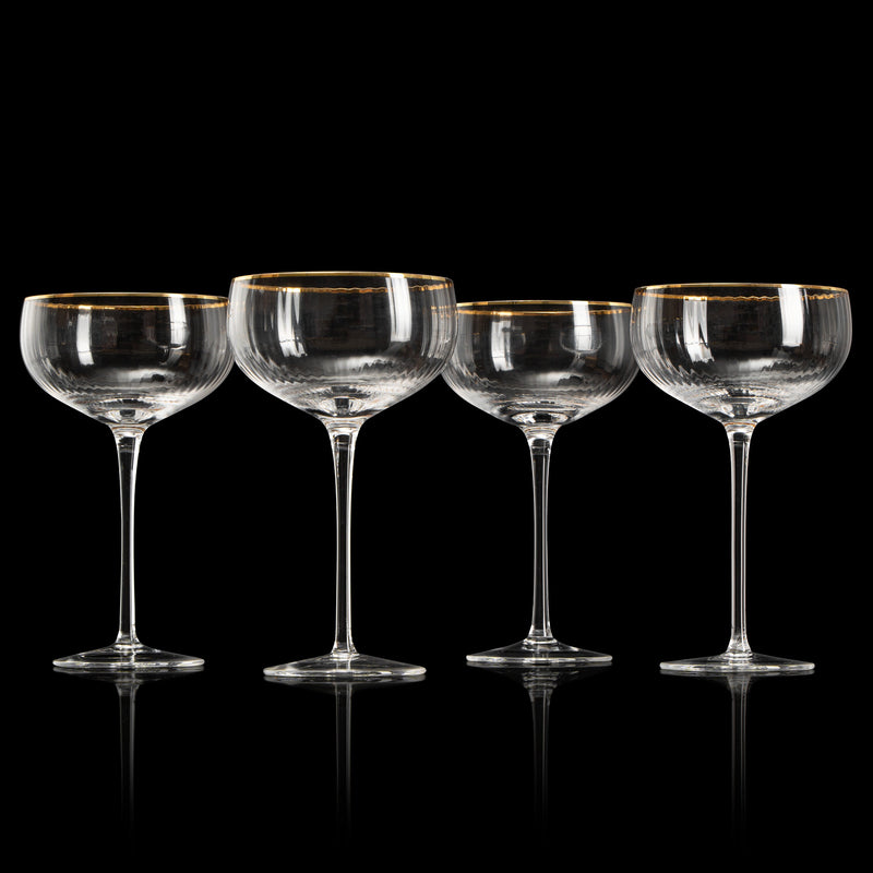 Gold Rim Glasses 7 oz, Set of 4 Gold Rim Classic Manhattan Glasses For Martini, Cocktails, Champagne, Wine - The Wine Savant (Ribbed)
