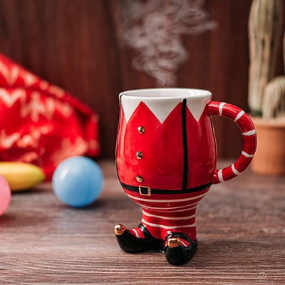 Christmas Santa's Elf Mug - Hand Painted - Holiday Seasonal Gift, Coffee, Tea Water - 14 oz 6" High Winter Season Cup, Cute Merry Xmas, Reindeer, Snowman, Christmas Tree Design, Red & White Gold Decor
