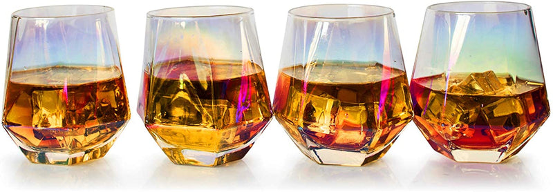 Diamond Iridescent Glass Diamond Decanter and Glasses Set, The Wine Savant Rainbow Iridescent Comes With A Diamond Decanter 4 Whiskey/Wine Diamond Glasses, 1 Tray and a Perfect Box