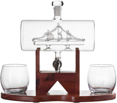 Whiskey Decanter Set, Liquor Dispenser for Home Bar, Crystal Glass - 1250ml Ship & 2 Whiskey Glasses Beautiful Stand Fathers Day, Gift for Dad, Husband or Boyfriend - The Wine Savant 100% Lead-Free