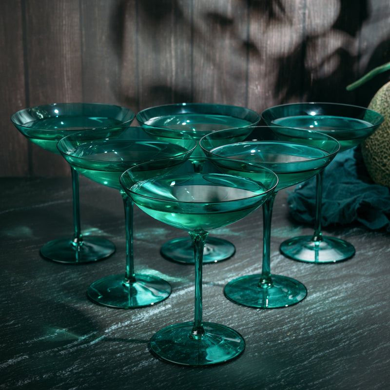 The Wine Savant Colored Vintage Glass Coupes 12oz Colorful Cocktail, Martini & Champagne Glasses, Prosecco, Mimosa Glasses Set, Cocktail Glass Set, Bar Glassware Luster Glasses, Modern (6, Teal)