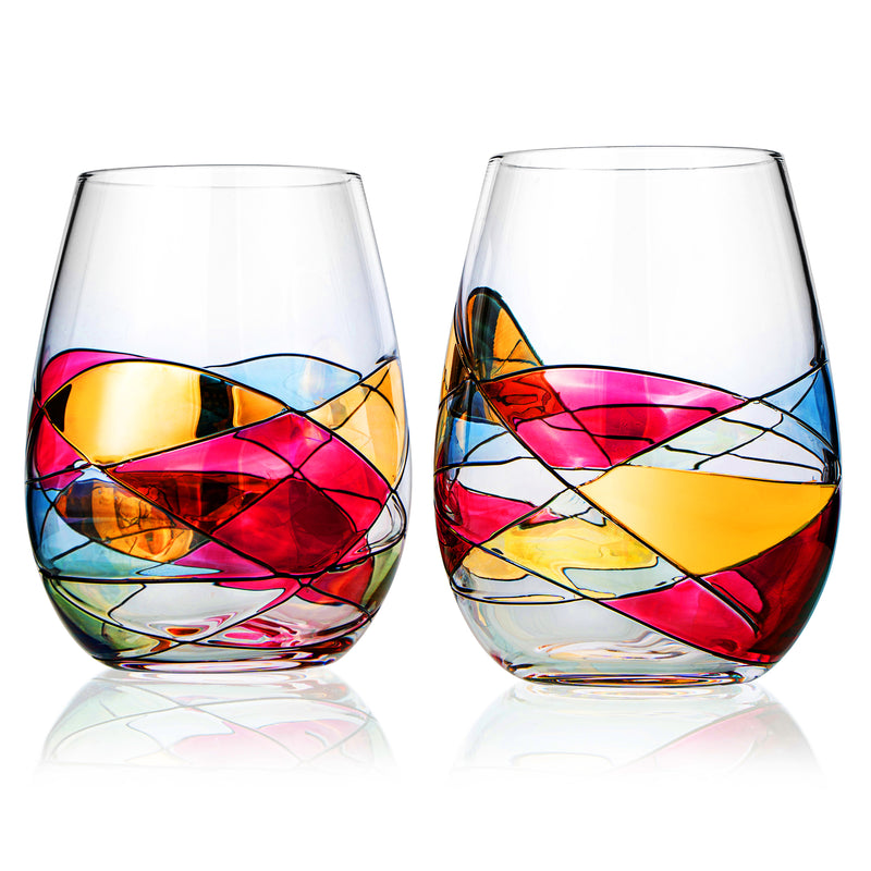 Artisanal Hand Painted Stemless - Gift for Mom, Friends, Girlfriends, Renaissance Romantic Stain-glassed Windows Wine Glasses Set of 2 - Gift Idea for Birthday, Housewarming - Extra Large Goblets