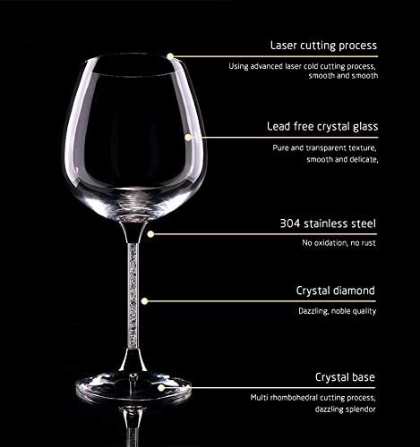 Crystal Wine Glasses Diamond Filled Stem, White and Red Wine, With Laser Cut Diamond Base Large 18 Ounces