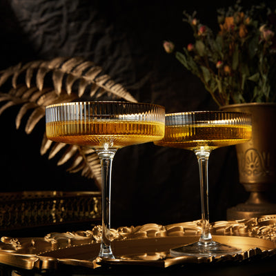 Ribbed Coupe Cocktail Glasses With Gold Rim 8 oz | Set of 2 | Classic Manhattan Glasses For Cocktails, Champagne Coupe, Ripple Coupe Glasses, Art Deco Gatsby Vintage, Crystal with Stems