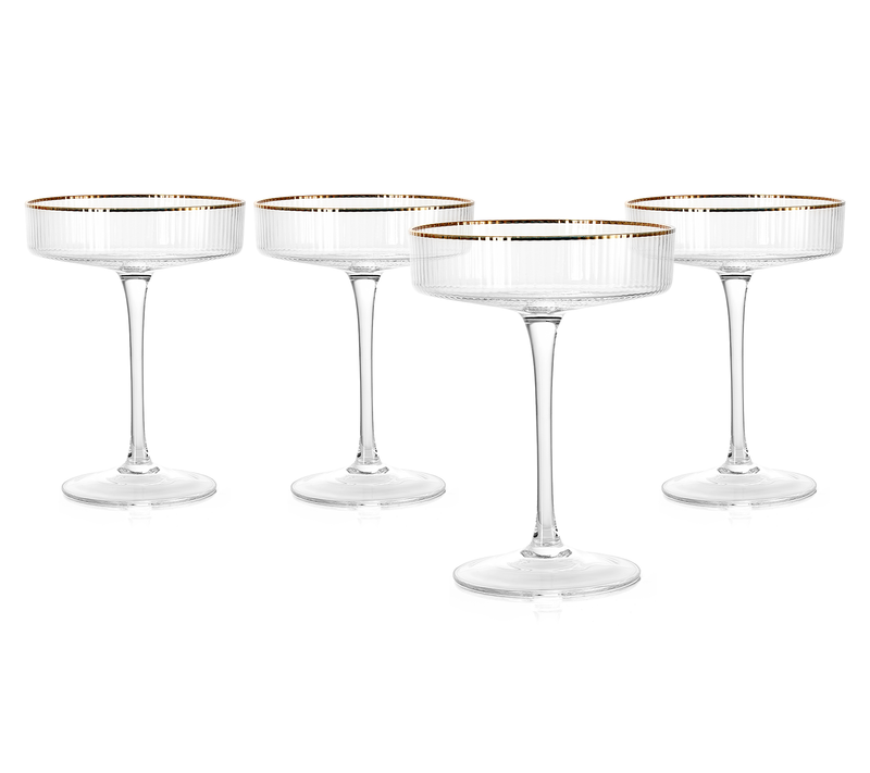 Ribbed Coupe Cocktail Glasses With Gold Rim 8 oz